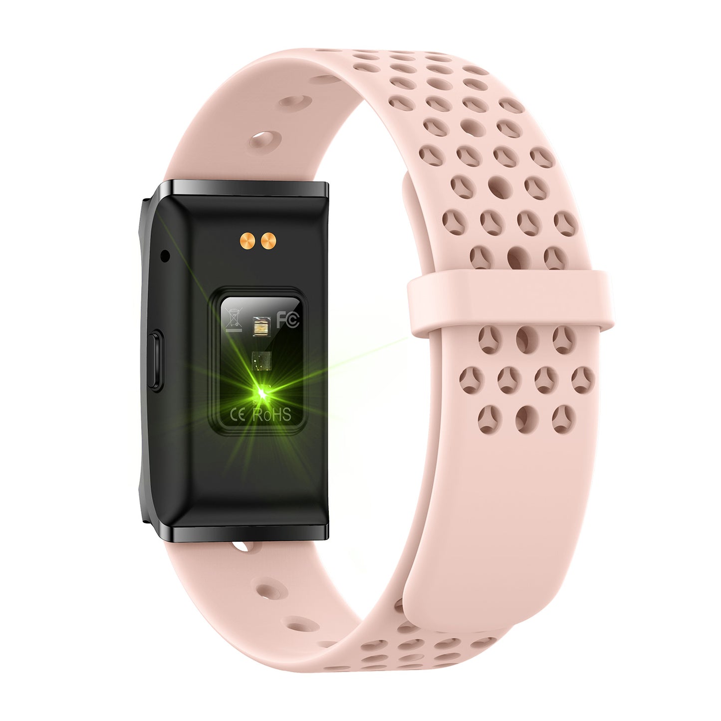 Fitness tracker back view with magnetic silicone pink strap