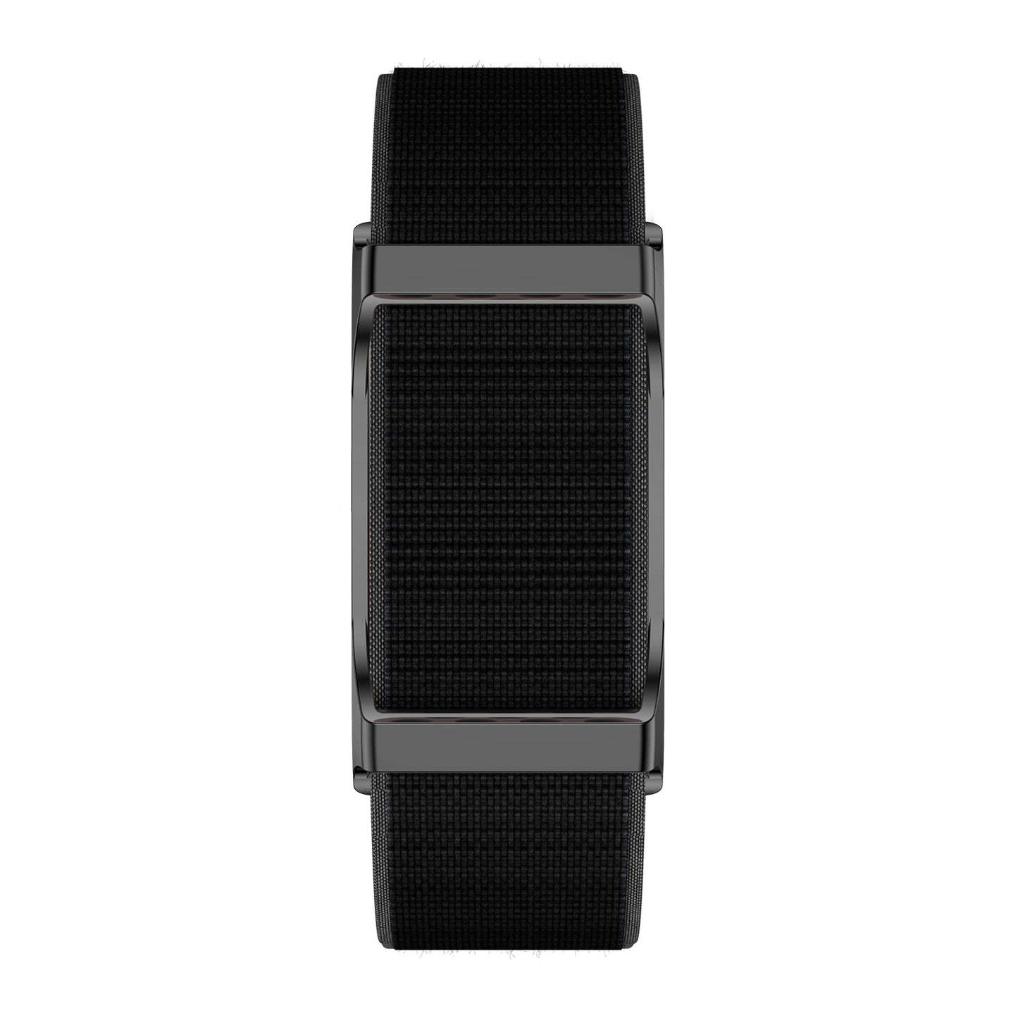 Fitness tracker front view with magnetic nylon blue strap