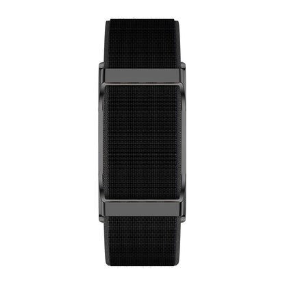 Fitness tracker front view with magnetic nylon blue strap
