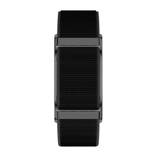 Fitness tracker front view with magnetic nylon blue strap