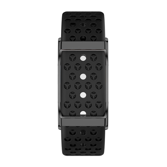 Fitness tracker front view with silicone black strap