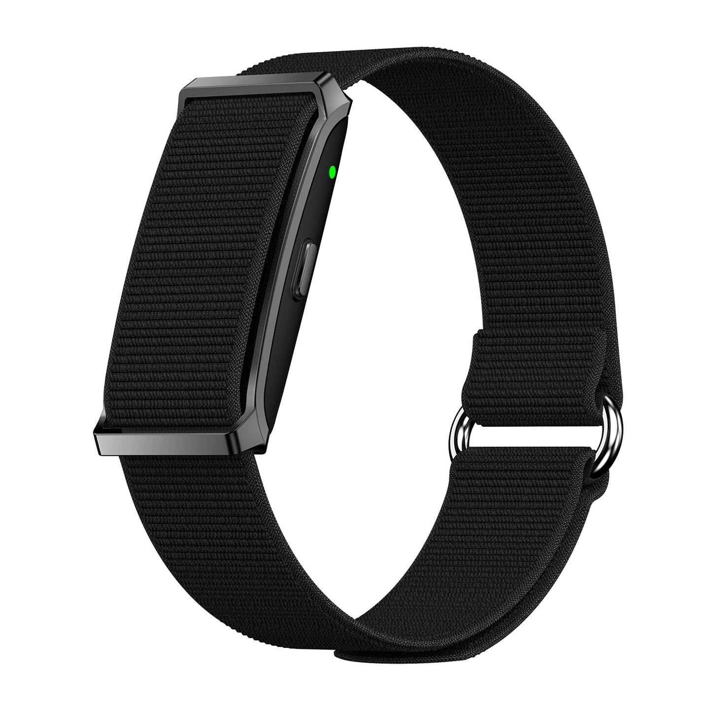 Fitness tracker left view with magnetic nylon blue strap