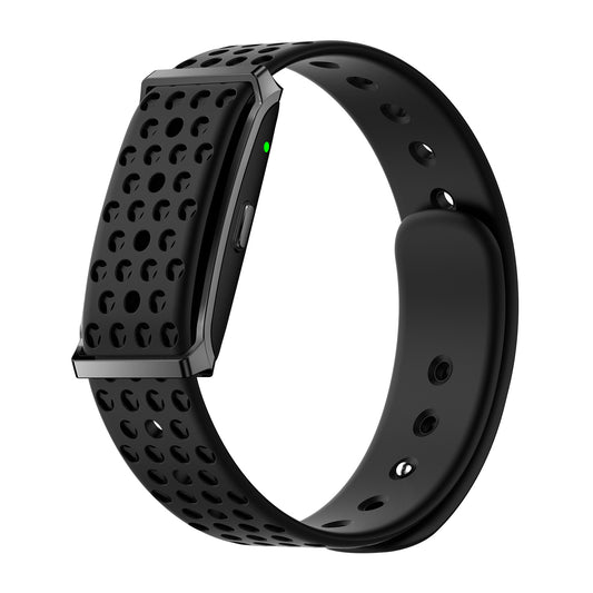 Fitness tracker left view with magnetic silicone blue strap