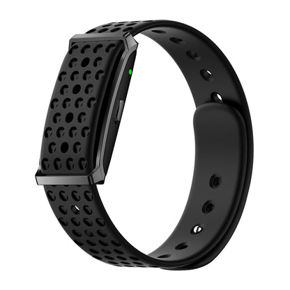 Fitness tracker left view with magnetic silicone blue strap