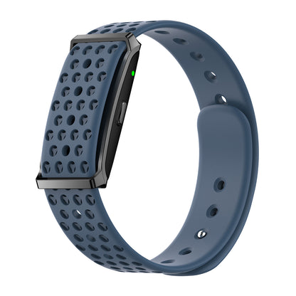 Fitness tracker left view with magnetic silicone blue strap
