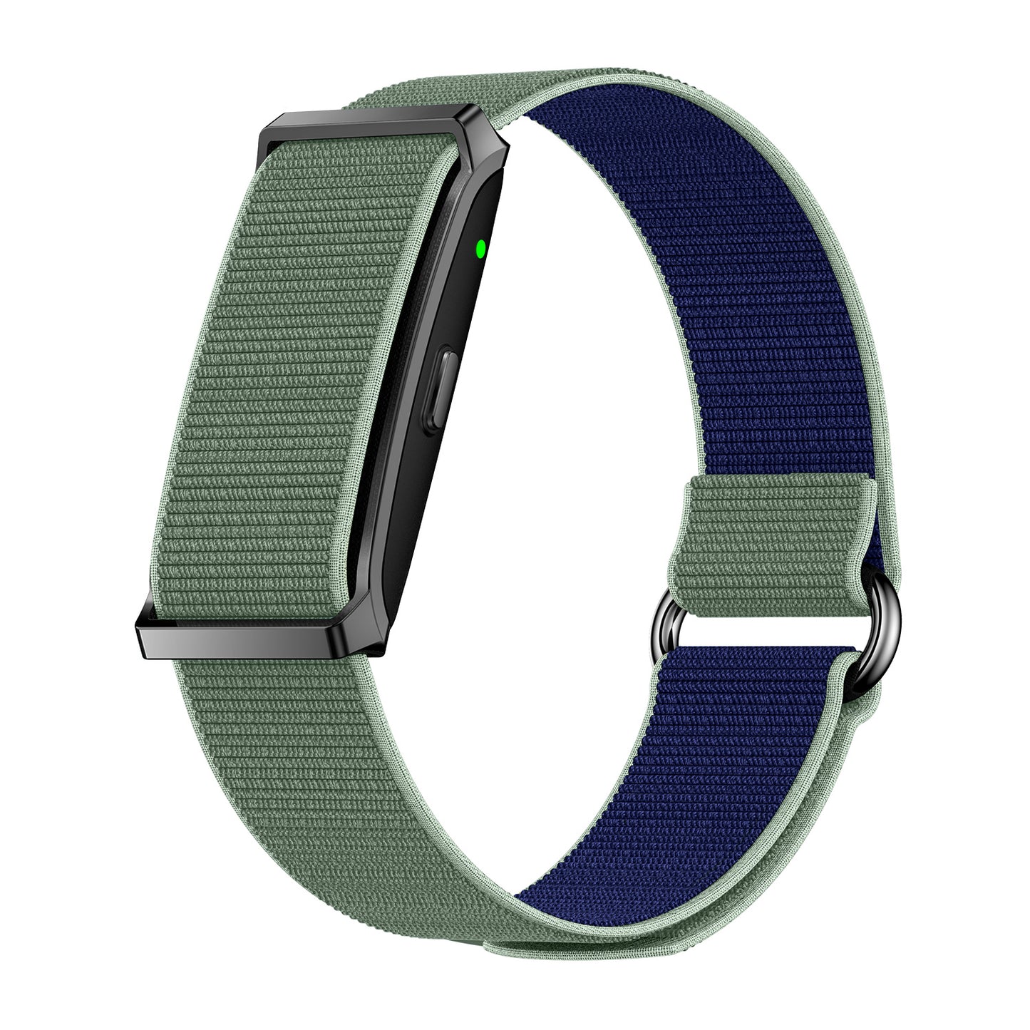Fitness tracker left view with magnetic nylon green strap