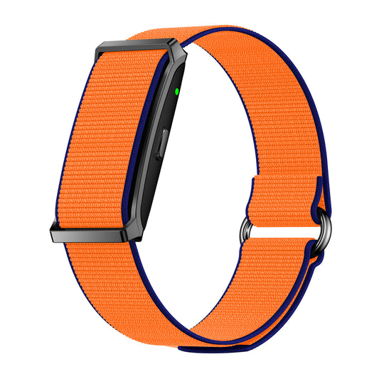 Fitness tracker left view with magnetic nylon orange strap