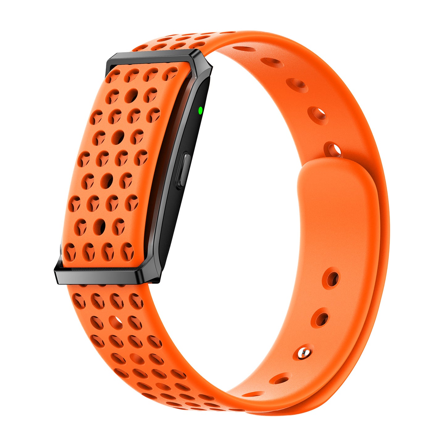 Fitness tracker left view with magnetic silicone orange strap