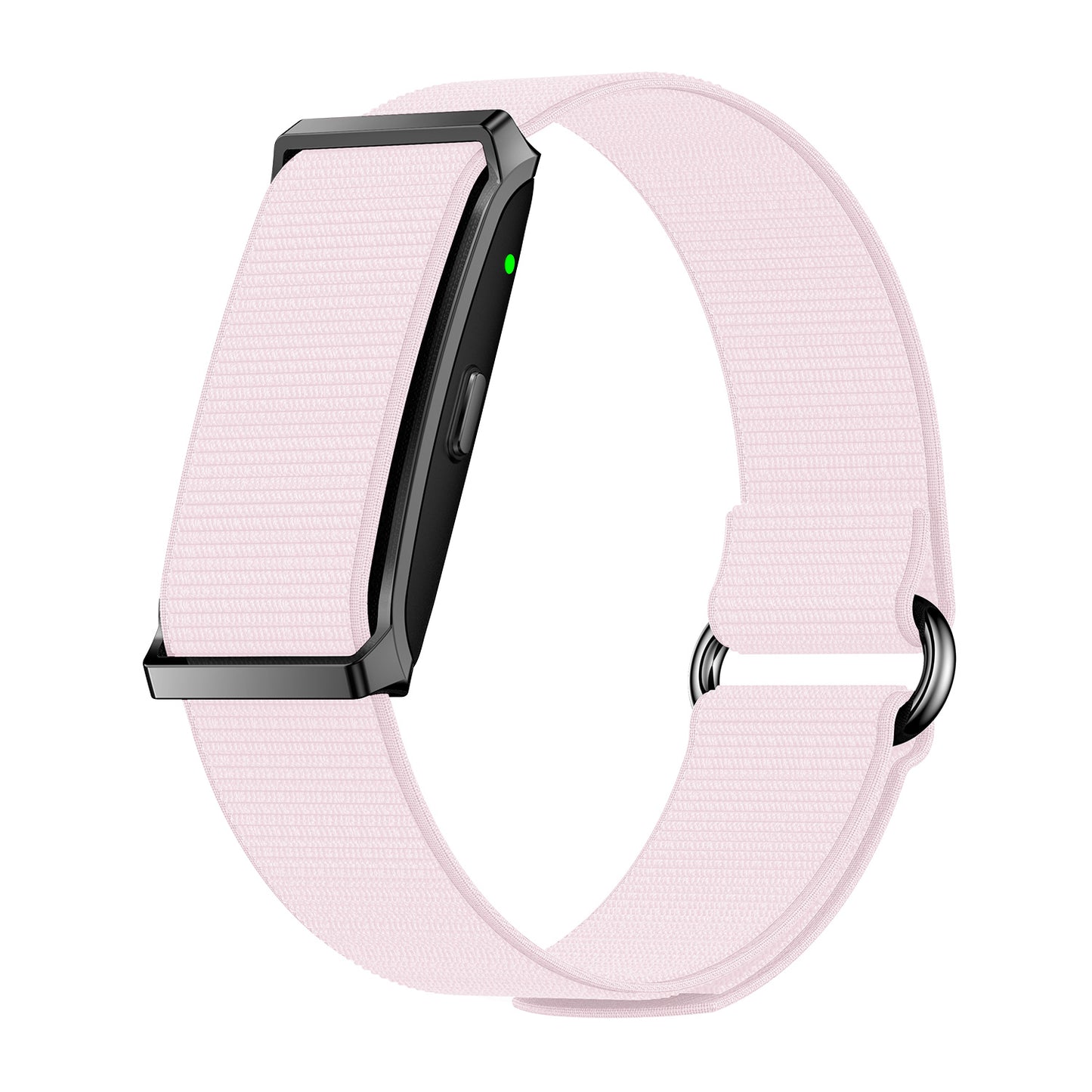 Fitness tracker left view with magnetic nylon pink strap