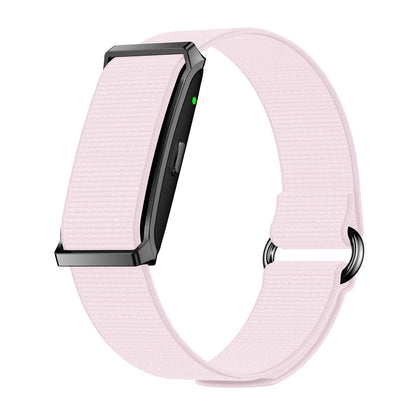 Fitness tracker left view with magnetic nylon pink strap