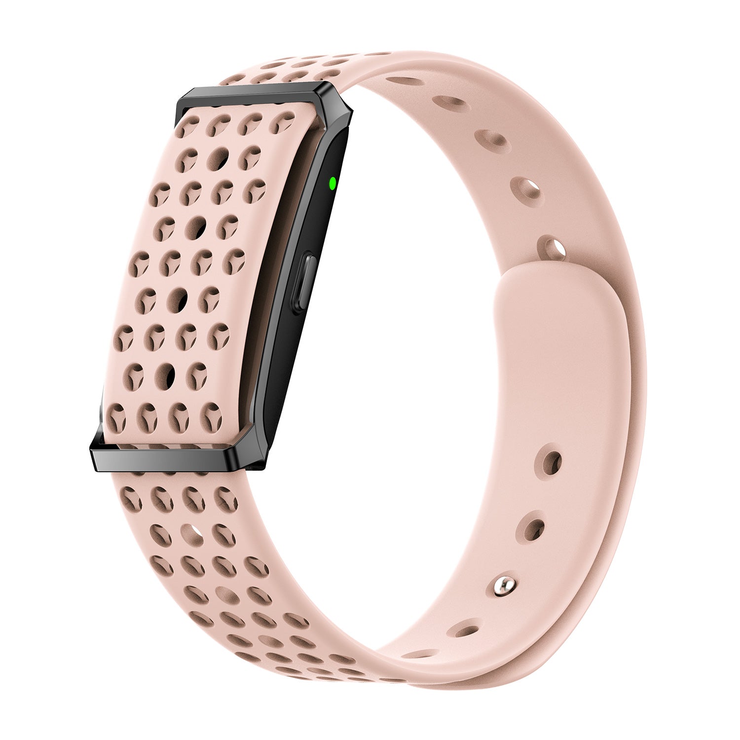 Fitness tracker left view with magnetic silicone pink strap