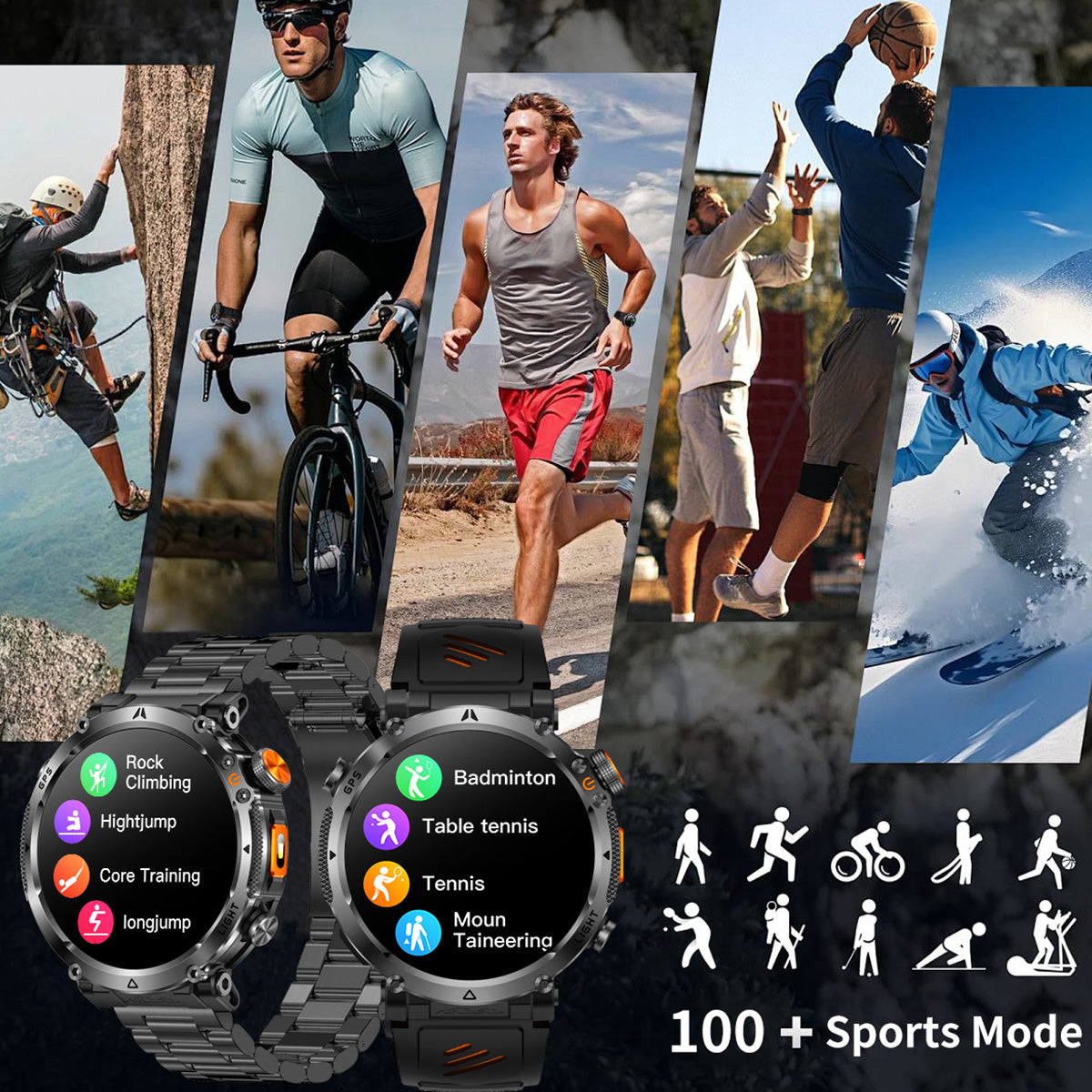 Sport smartwatch exercise tracking showing over 100 sports modes on screen