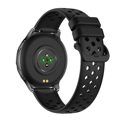 GPS smartwatch back view showing sensors – black silicone strap