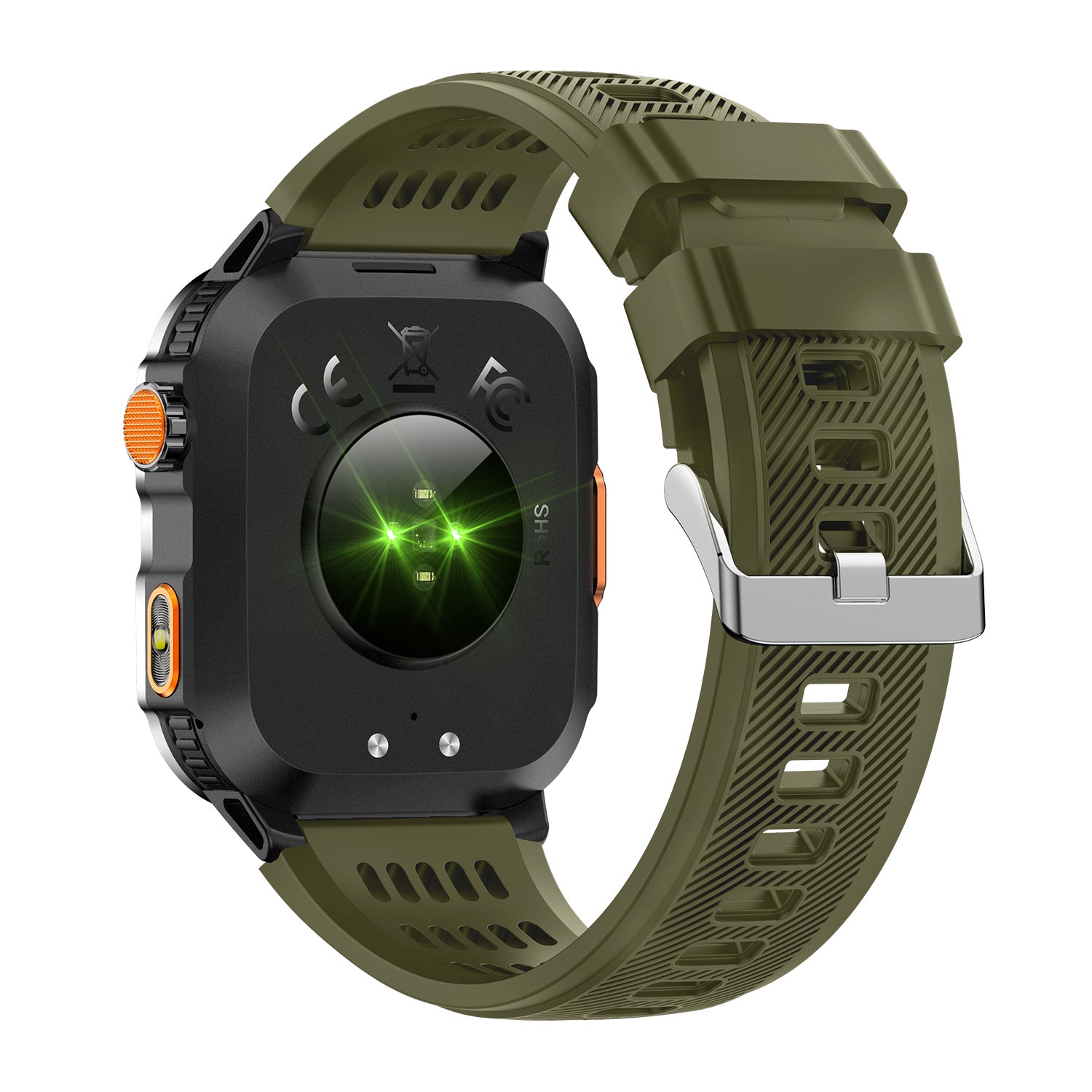 GPS smartwatch back view showing sensors and strap attachment – green