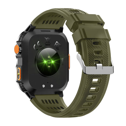 GPS smartwatch back view showing sensors and strap attachment – green