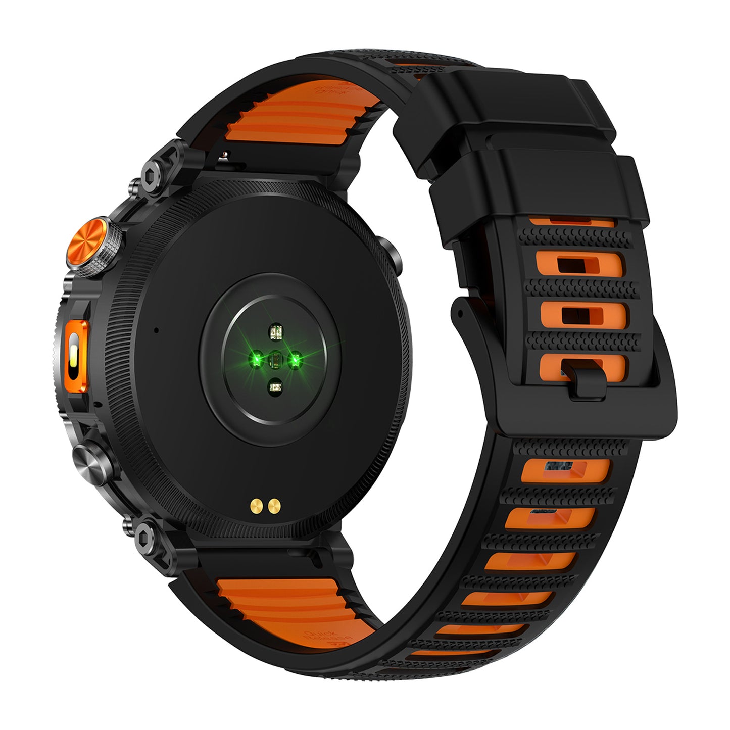 GPS smartwatch back showing sensor and strap – Black/Blue/Orange silicone
