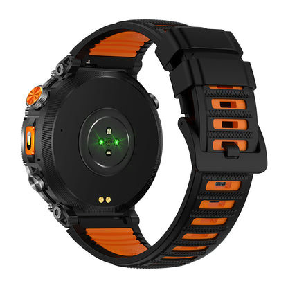 GPS smartwatch back showing sensor and strap – Black/Blue/Orange silicone