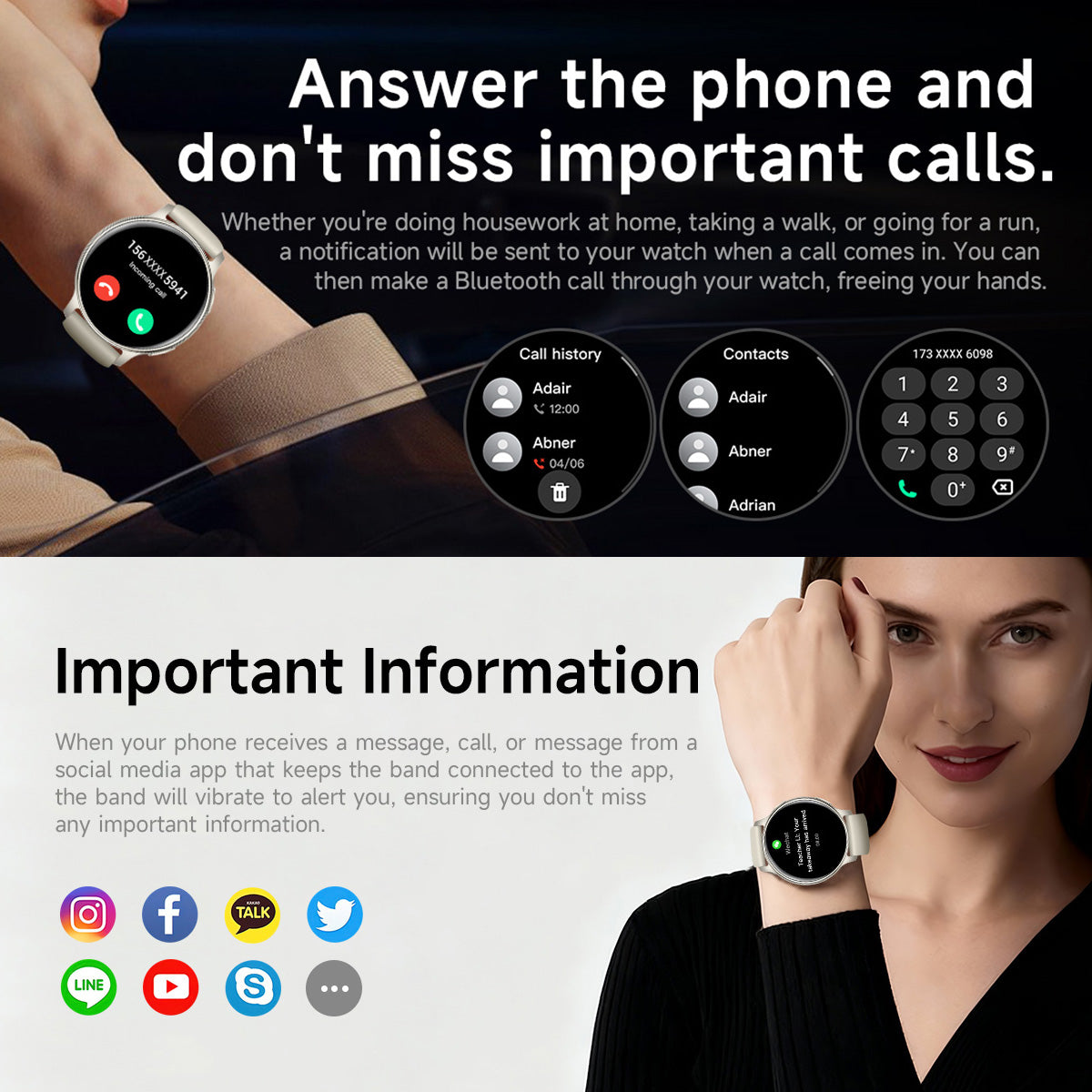 Smartwatch Bluetooth calling and message notification screens