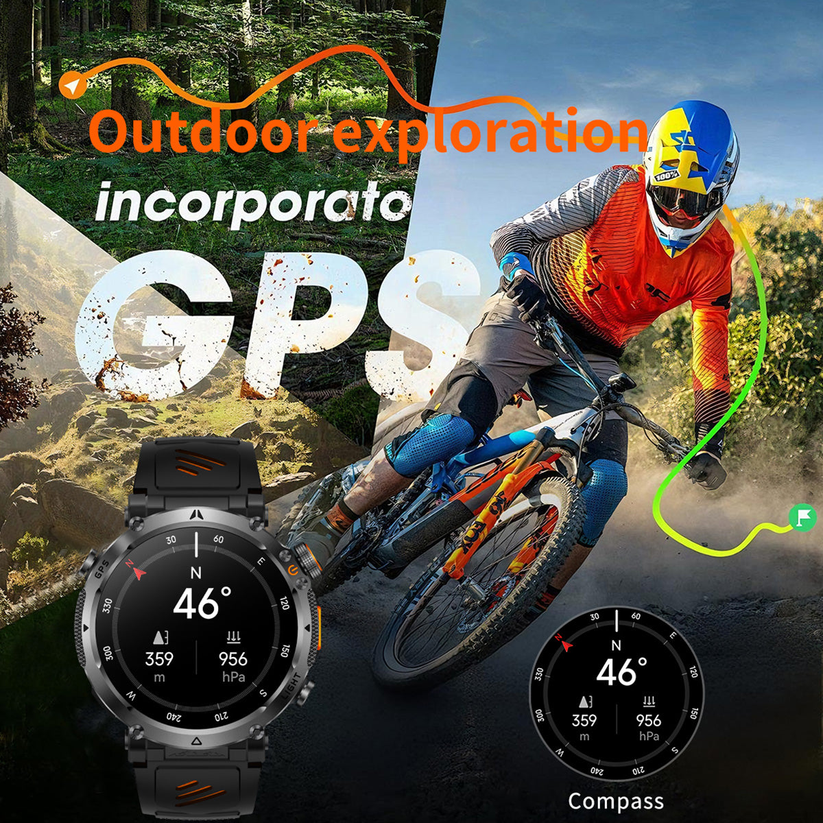 Smartwatch GPS navigation tracking detail with real route example on display