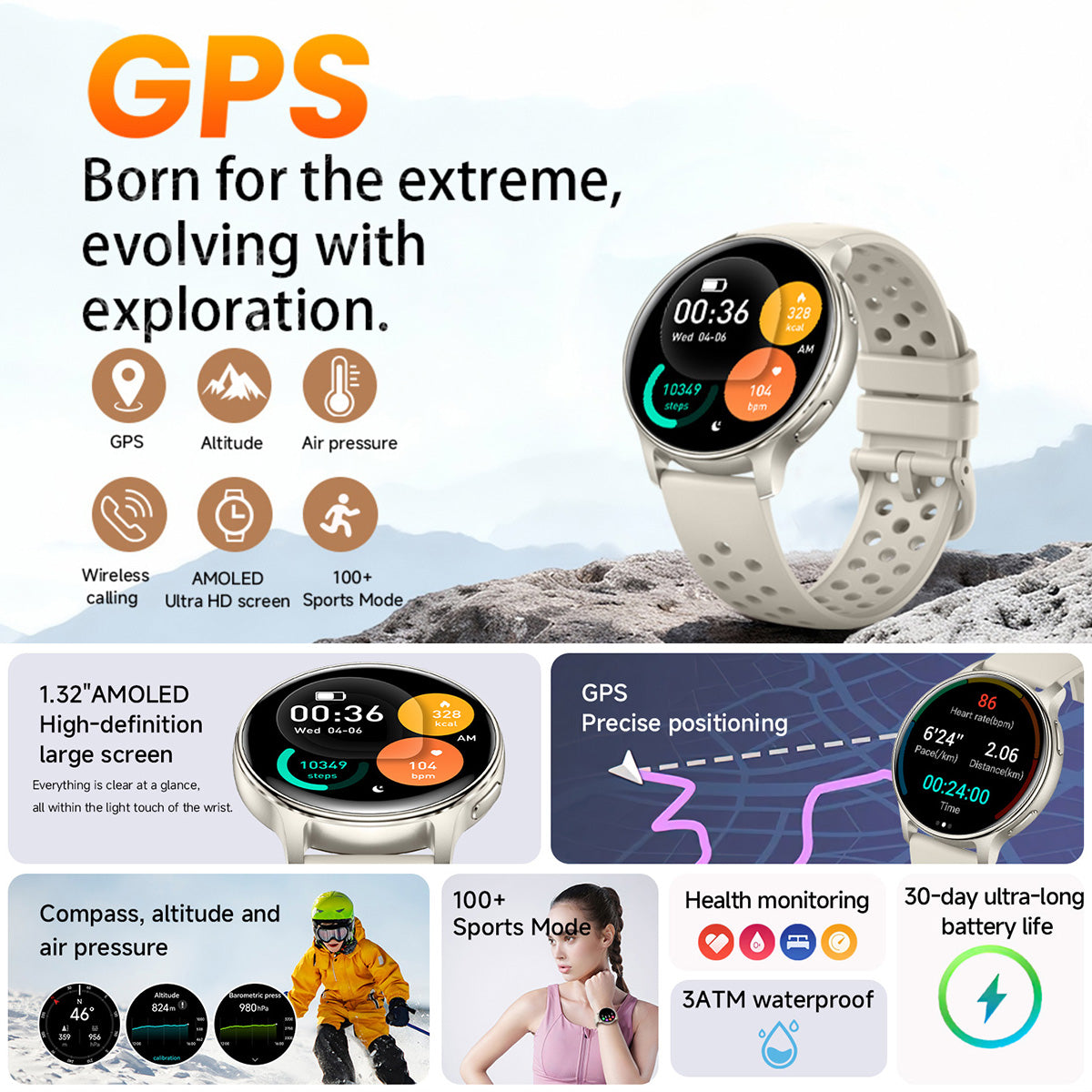 Overview of GPS smartwatch features including compass, barometer, health tracking and notifications