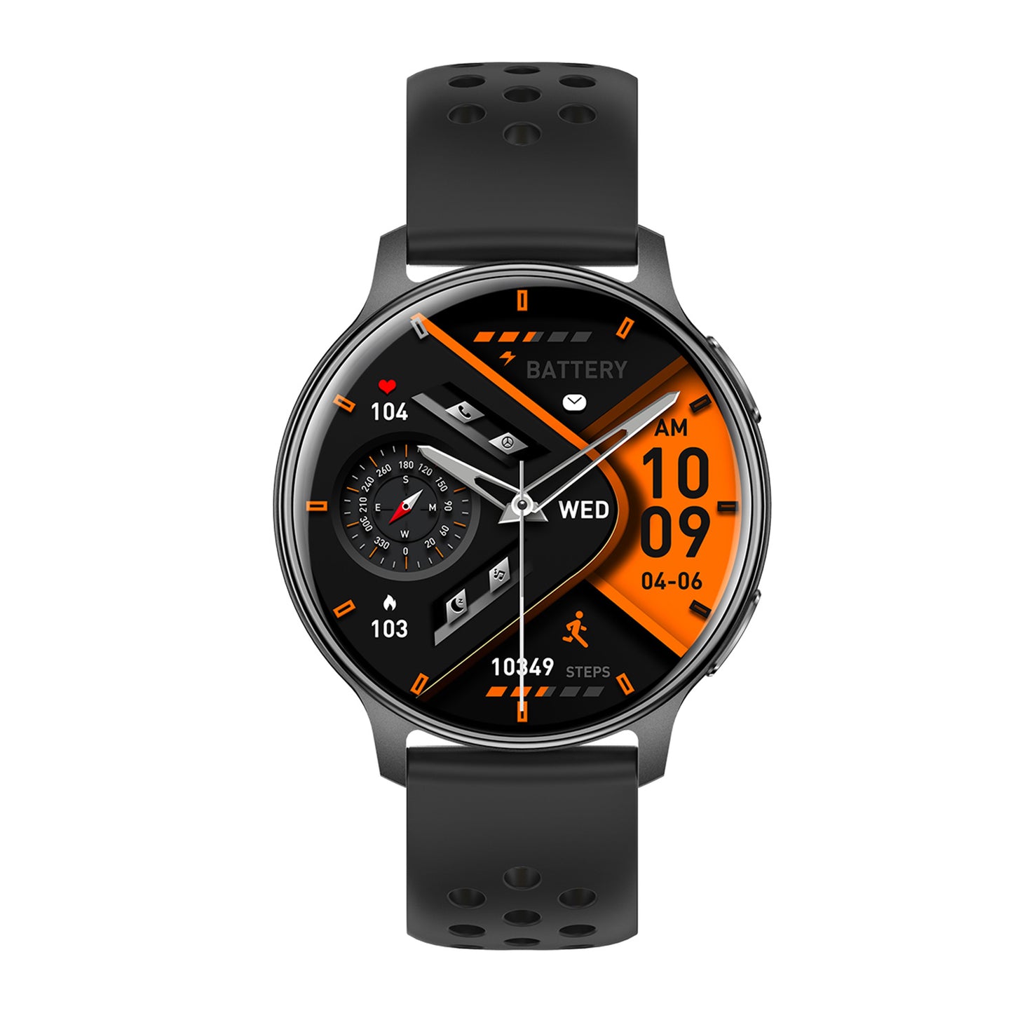GPS smartwatch front view with AMOLED display – black silicone strap