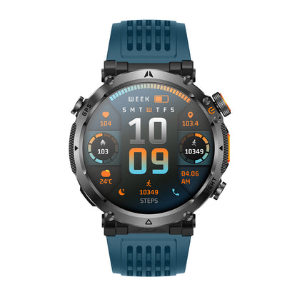 GPS smartwatch front view with 1.7″ display – Black/Blue/Orange silicone strap