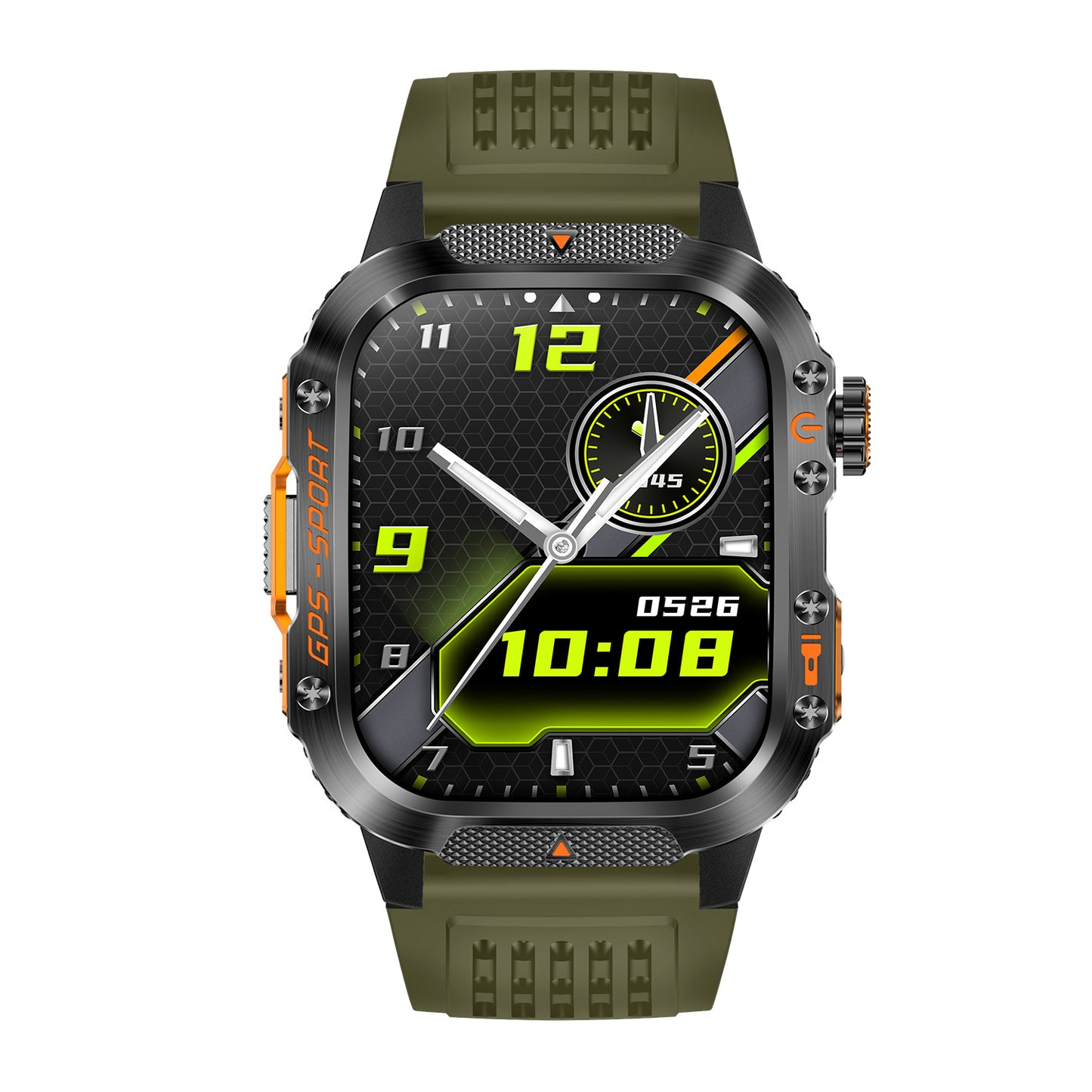 GPS smartwatch front view with 2.01″ IPS display – green silicone strap