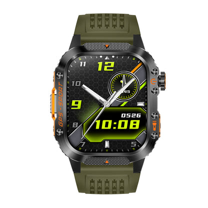 GPS smartwatch front view with 2.01″ IPS display – green silicone strap
