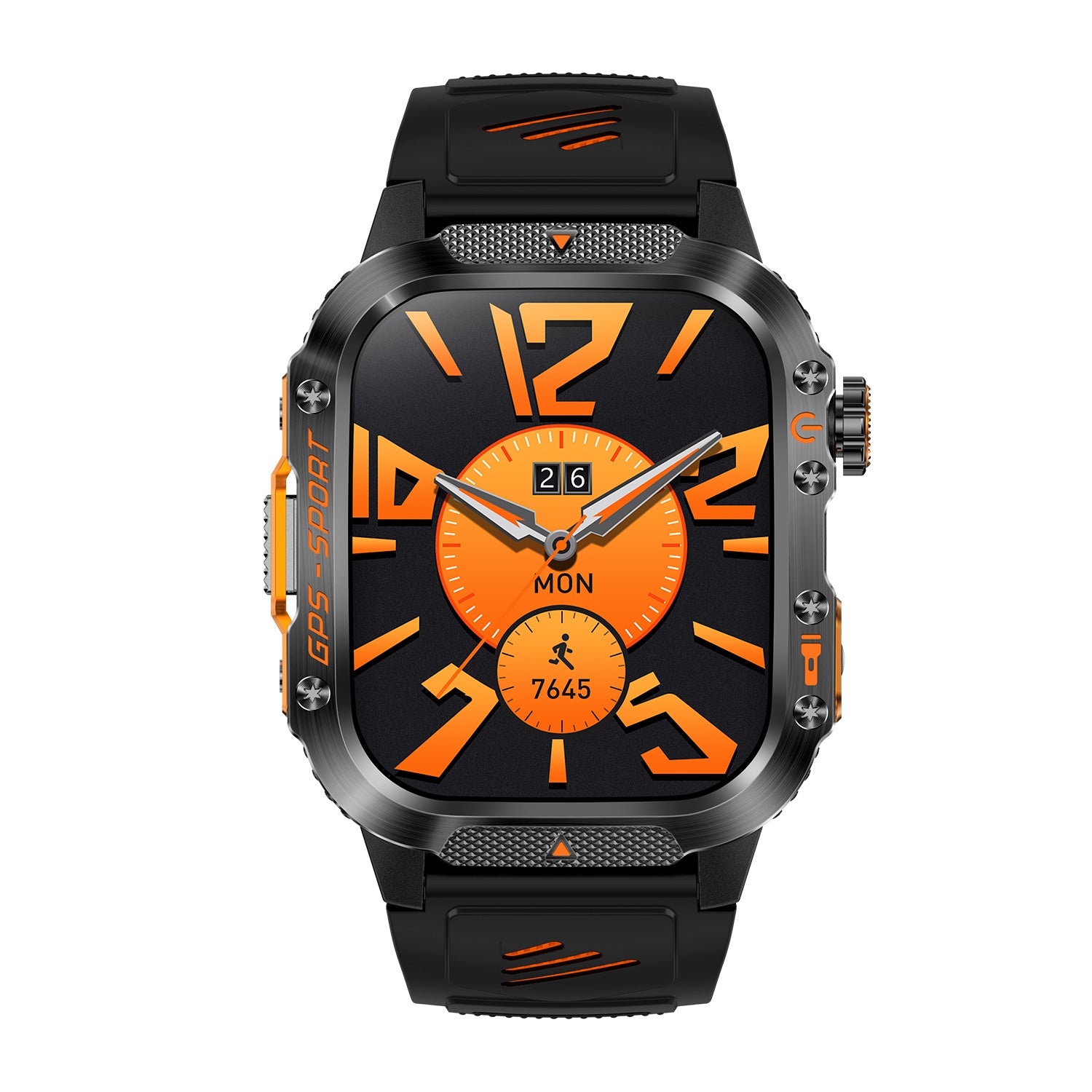 GPS smartwatch front view with 2.01″ IPS display – orange silicone strap