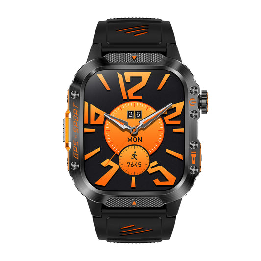 GPS smartwatch front view with 2.01″ IPS display – orange silicone strap