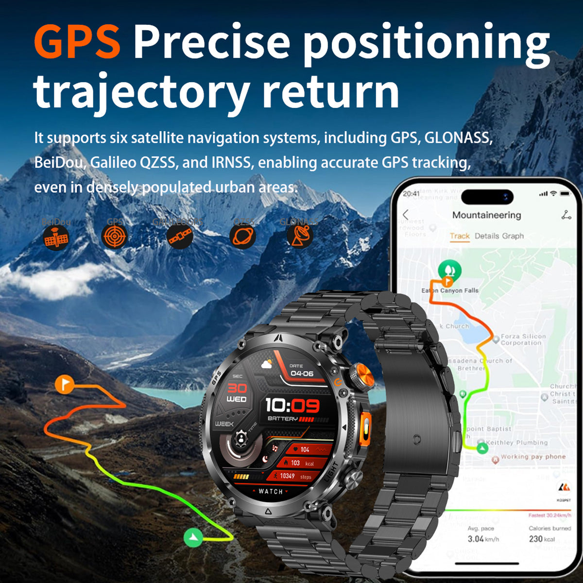 Smartwatch GPS navigation tracking detail with real route example on display