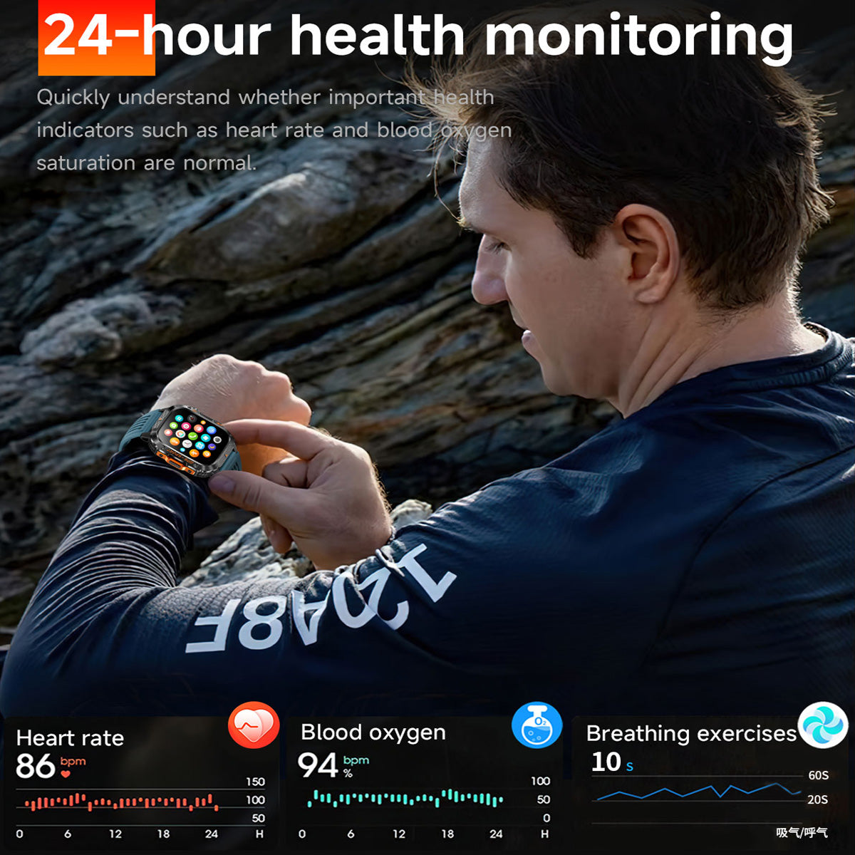 Health metric screens showing heart rate, blood pressure and oxygen levels