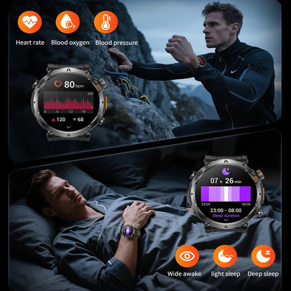 Smartwatch health tracking screens displaying heart rate, blood oxygen and sleep analysis