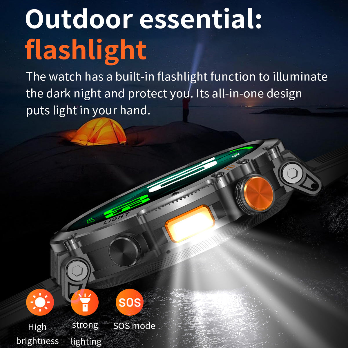 Outdoor LED flashlight feature being used on smartwatch