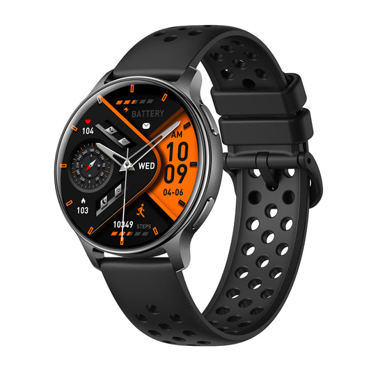 GPS smartwatch left side showing buttons and frame – black silicone strap