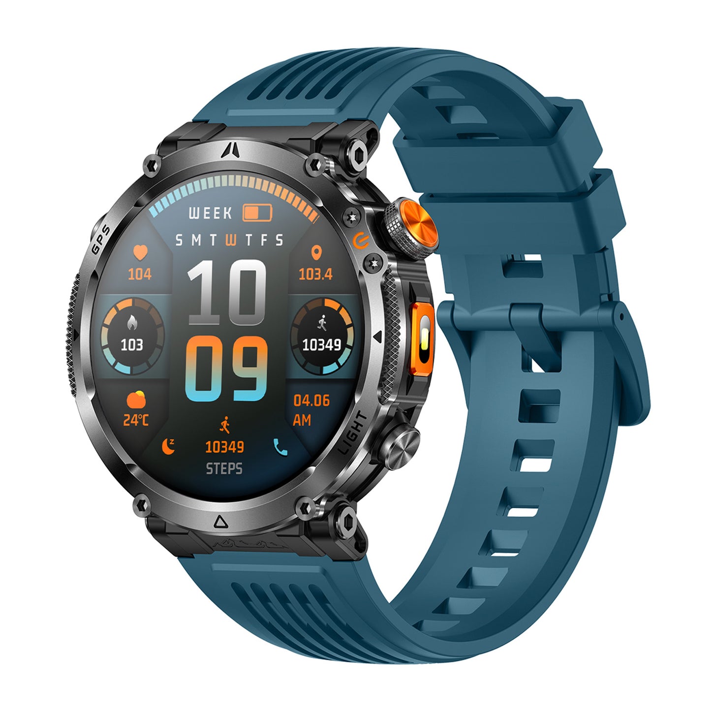 GPS smartwatch left side showing buttons and encoder – Black/Blue/Orange silicone