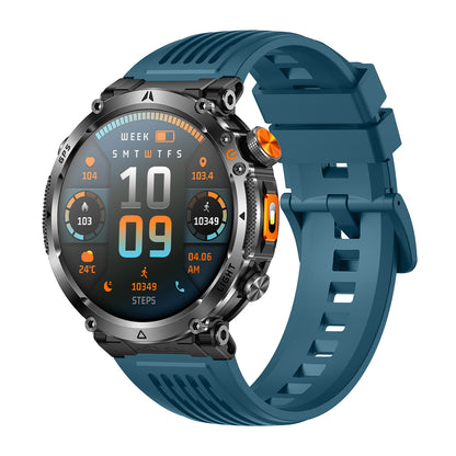 GPS smartwatch left side showing buttons and encoder – Black/Blue/Orange silicone