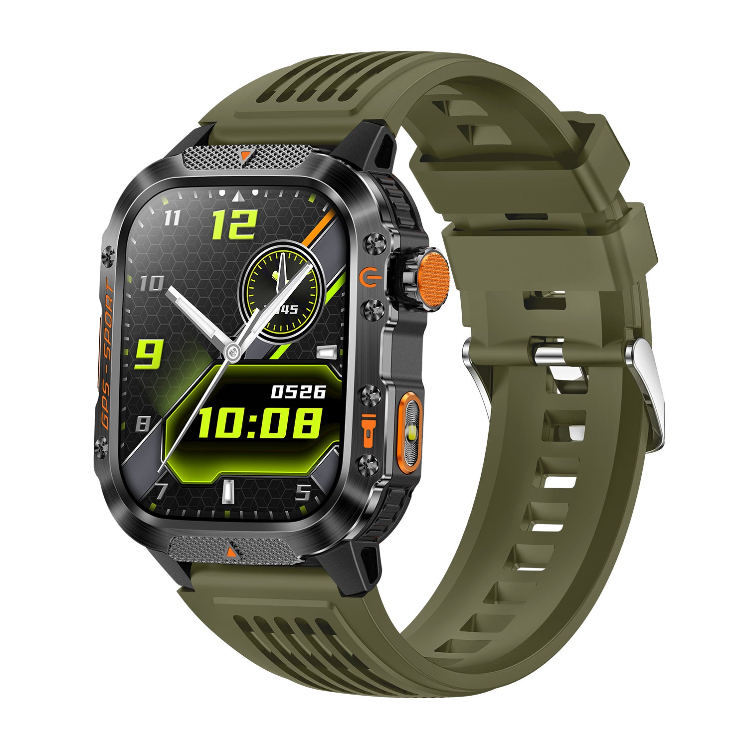 GPS smartwatch left side showing rotary encoder and button – green silicone