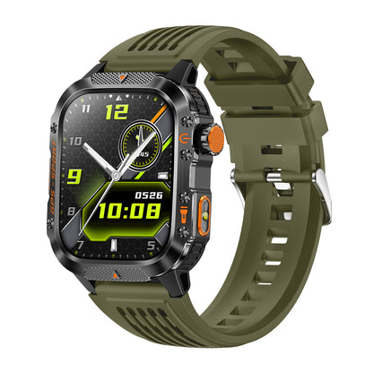 GPS smartwatch left side showing rotary encoder and button – green silicone