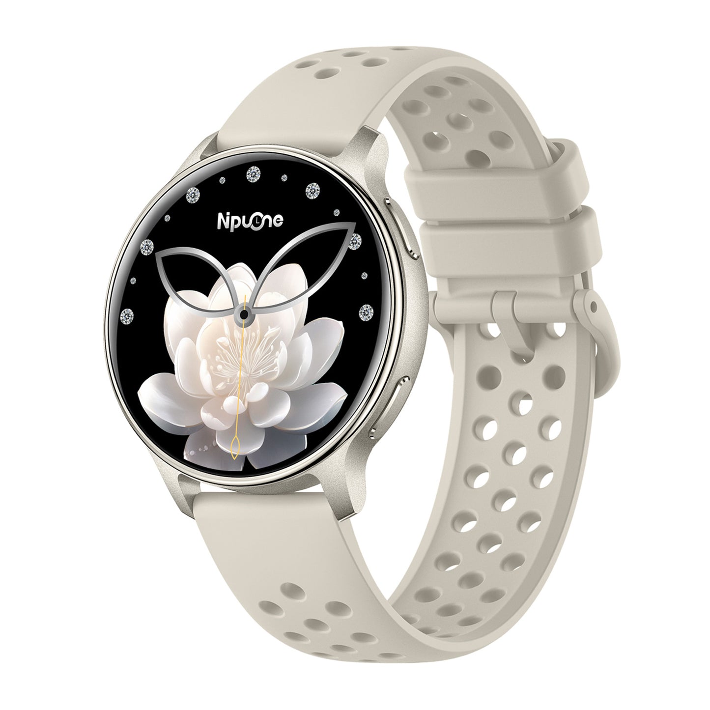 GPS smartwatch left side showing buttons and frame – grey silicone strap