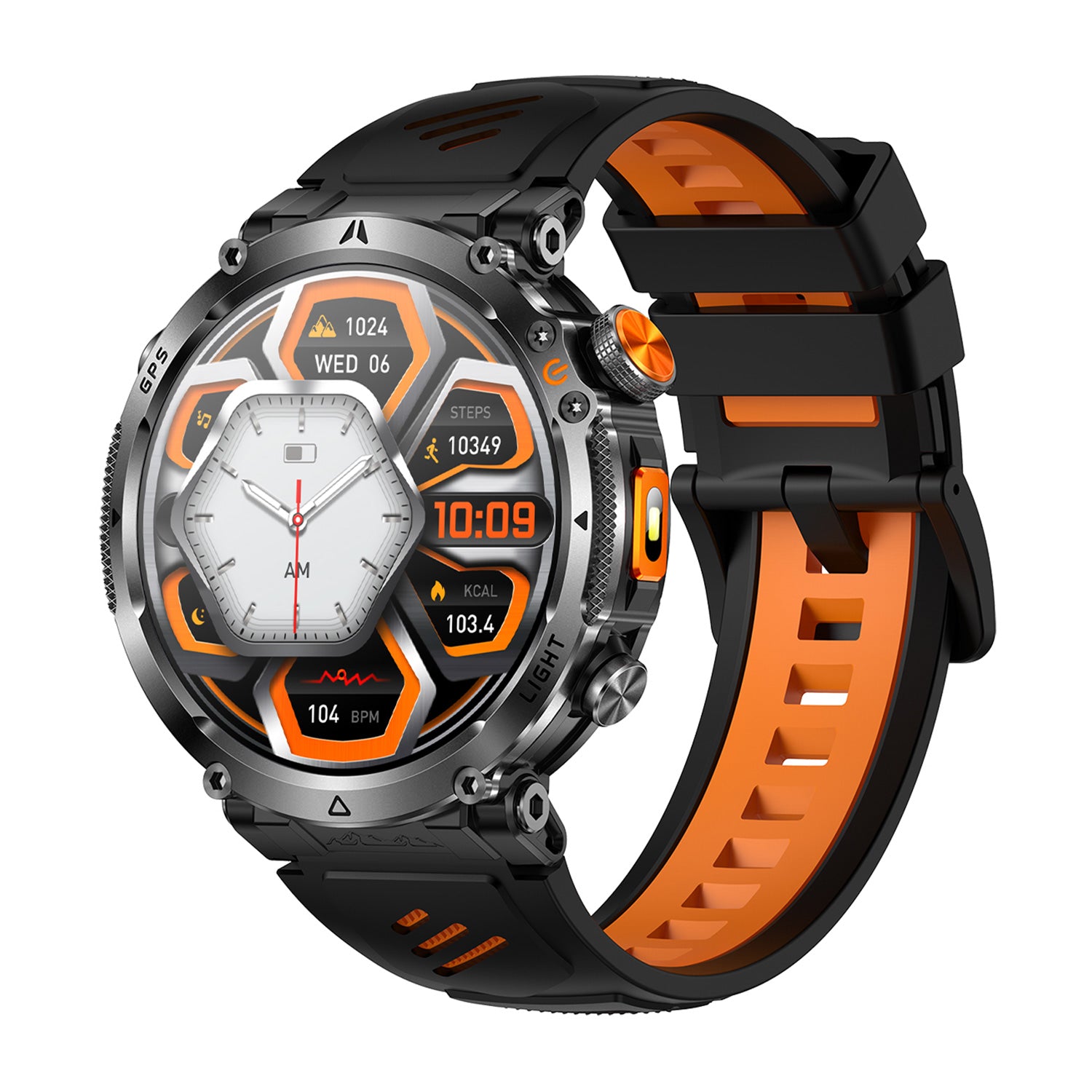 GPS smartwatch left side showing buttons and encoder – Black/Blue/Orange silicone
