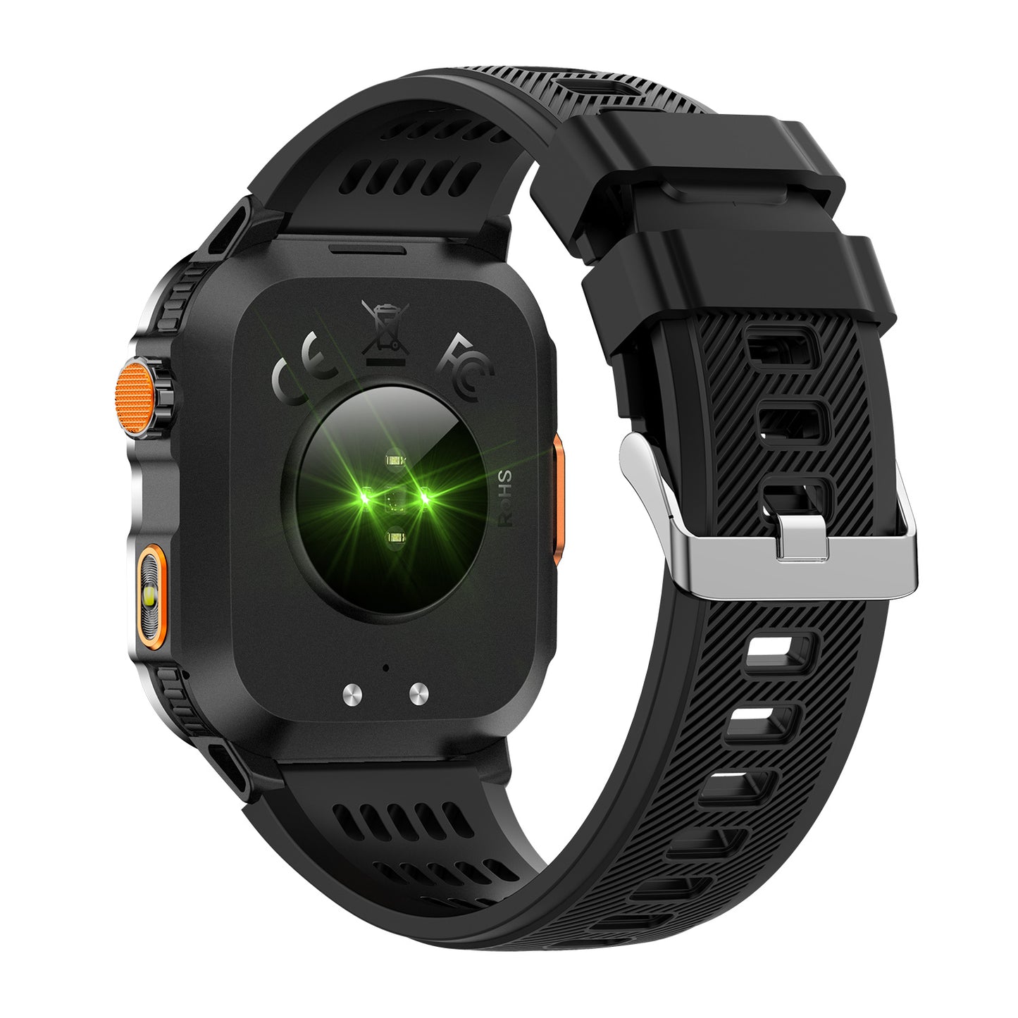GPS smartwatch back view showing sensors and strap attachment – black