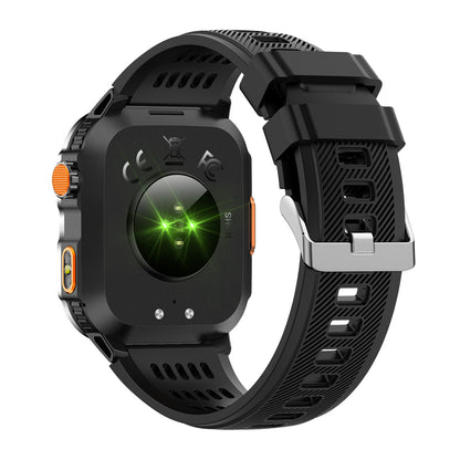 GPS smartwatch back view showing sensors and strap attachment – black
