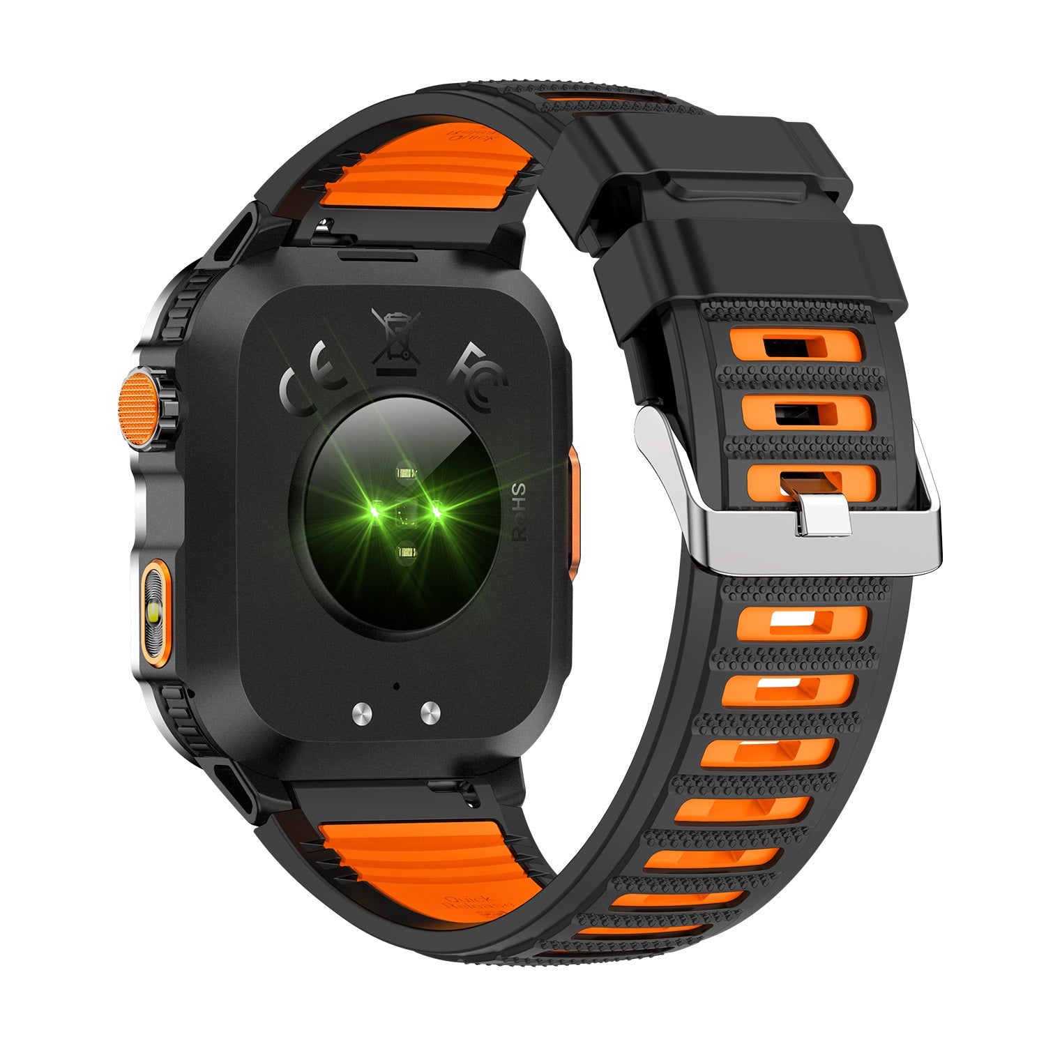 GPS smartwatch back view showing sensors and strap attachment – orange
