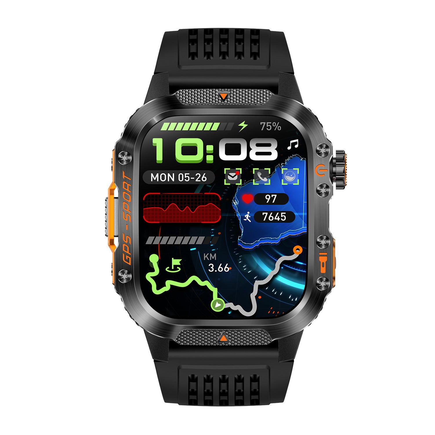 GPS smartwatch front view with 2.01″ IPS display – black silicone strap
