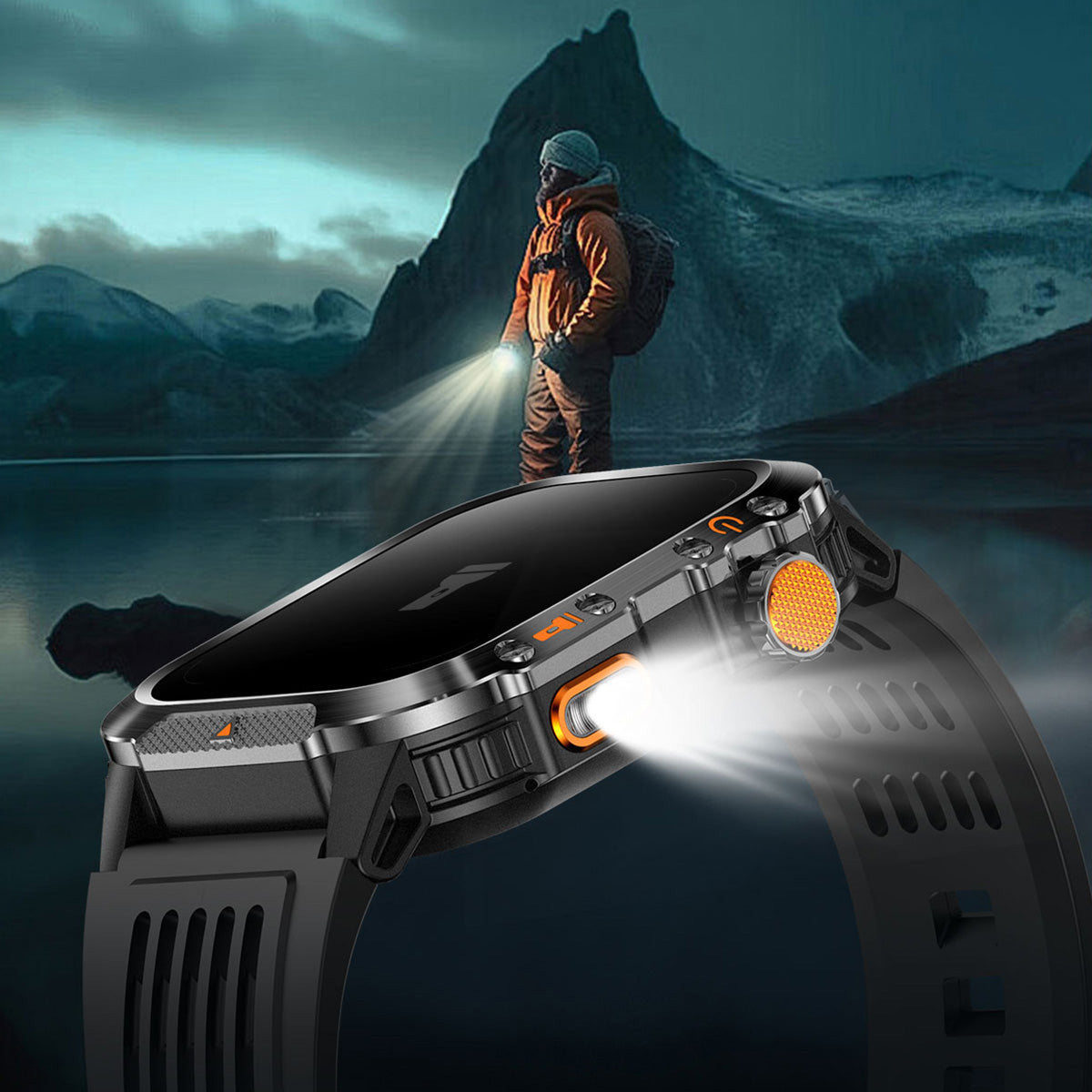 GPS smartwatch LED flashlight in use during nighttime outdoor activity
