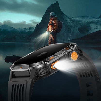 GPS smartwatch LED flashlight in use during nighttime outdoor activity