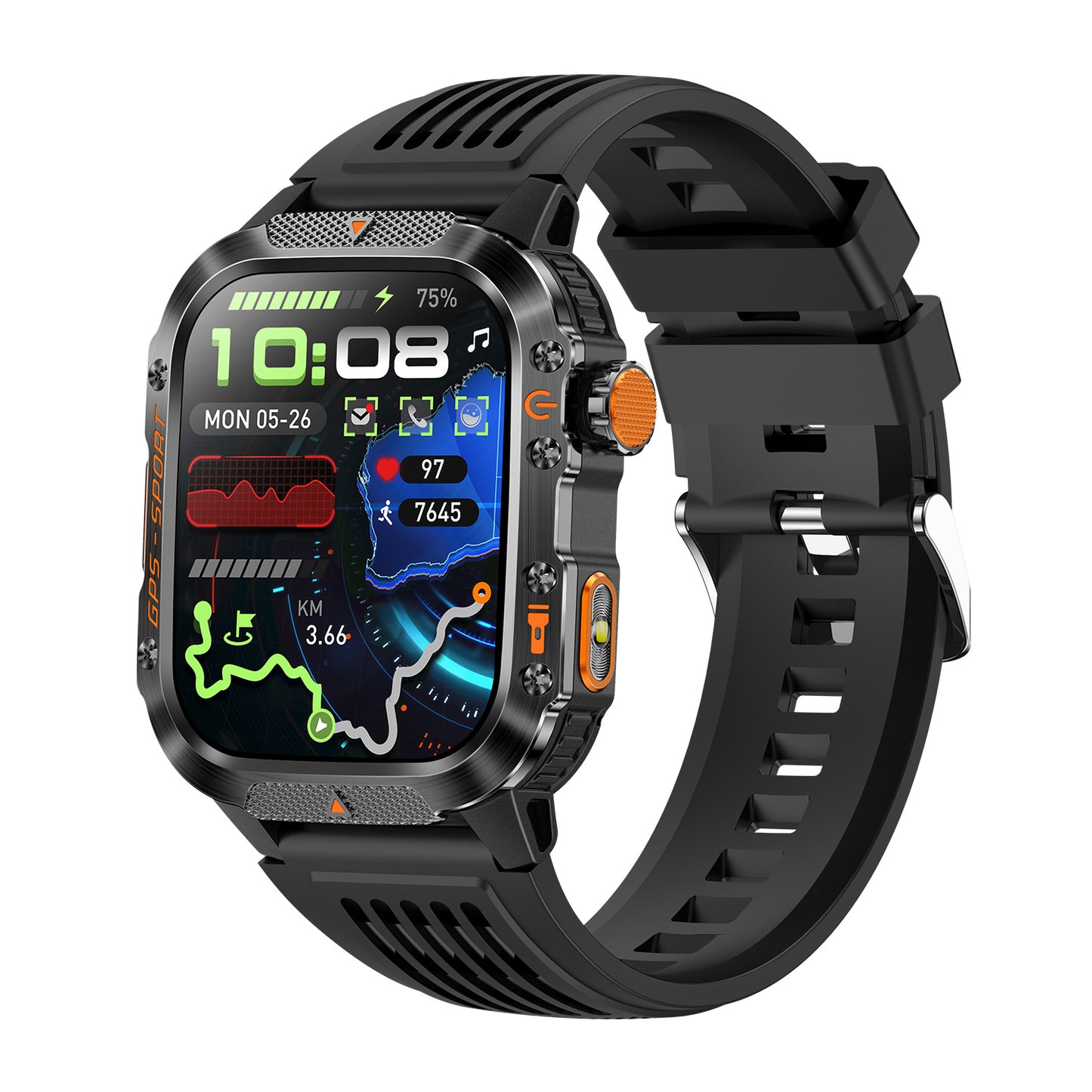 GPS smartwatch left side showing rotary encoder and button – black silicone