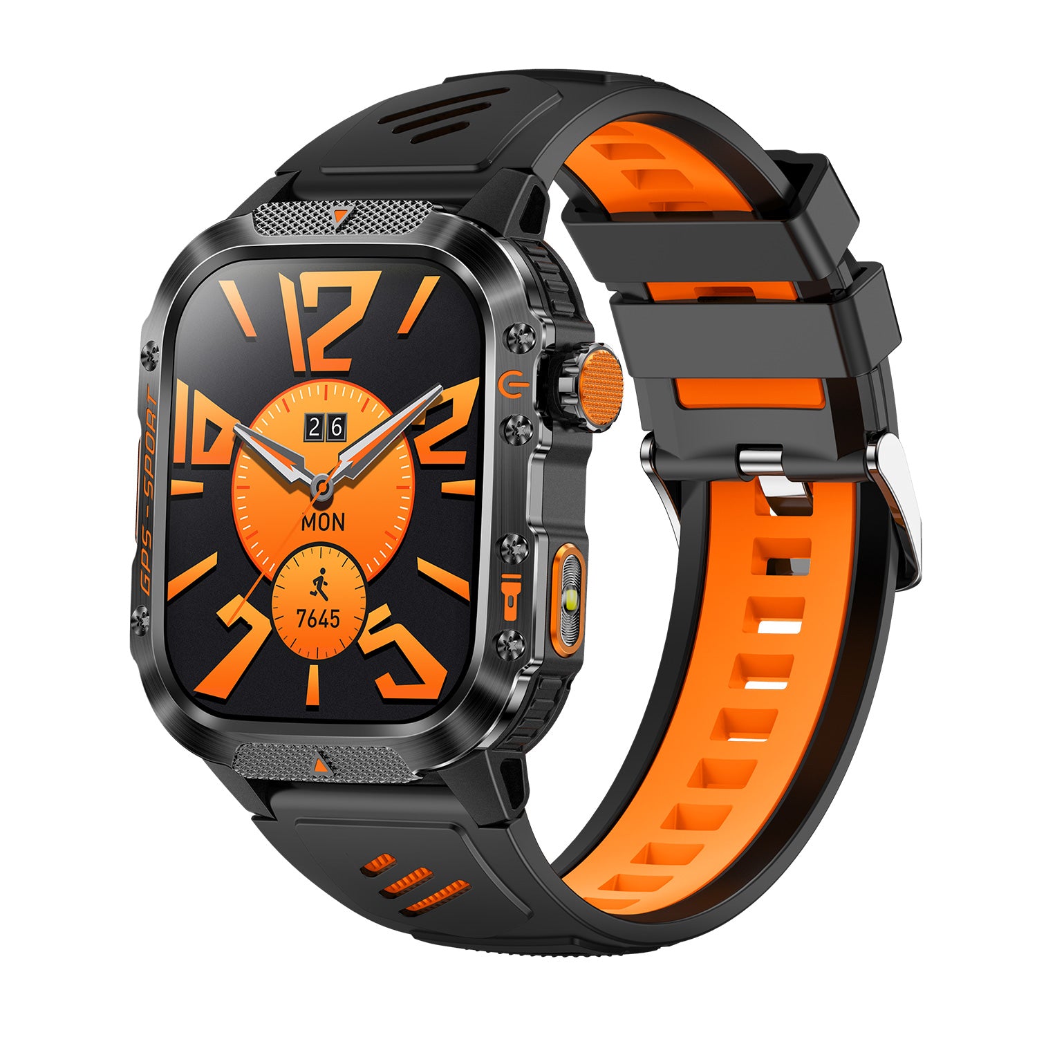 GPS smartwatch left side showing rotary encoder and button – orange silicone