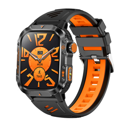 GPS smartwatch left side showing rotary encoder and button – orange silicone
